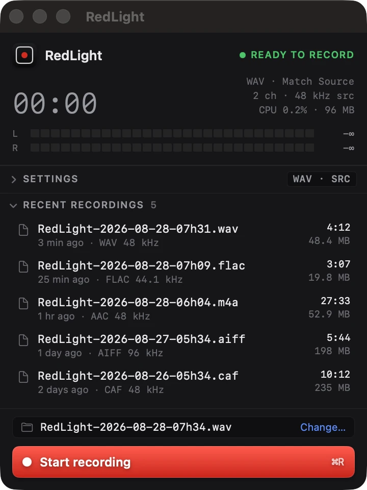RedLight recent recordings list showing files in WAV, FLAC, AAC, AIFF and CAF with their duration and size