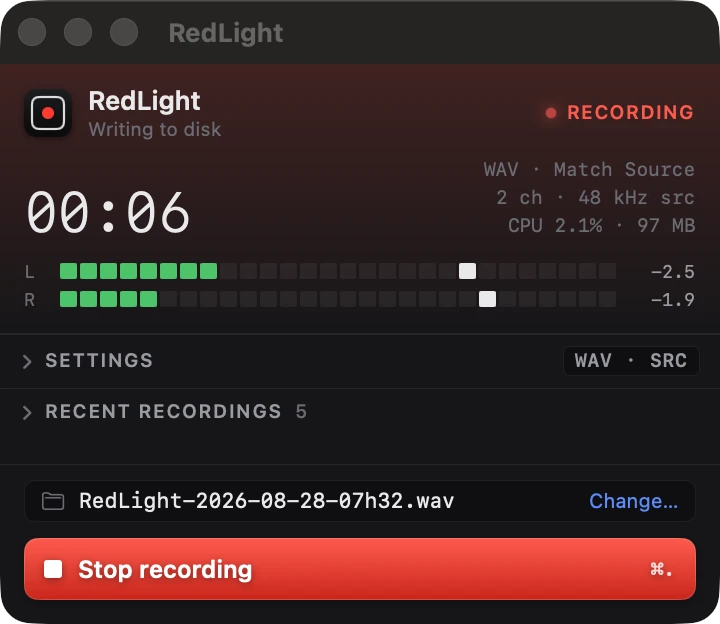 RedLight recording on a Mac, showing the running timer, stereo level meters and the Stop recording button